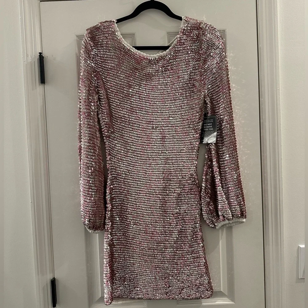 NWT Retrofete Tara Crochet Sequin Mini Dress Pink Silver Mix Medium / Large - Picture 5 of 12